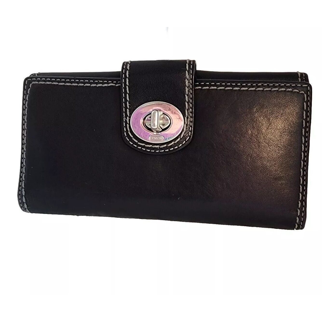 Vintage Coach Hampton Turn-Lock Black Leather Clutch/Wallet Silver Hardware